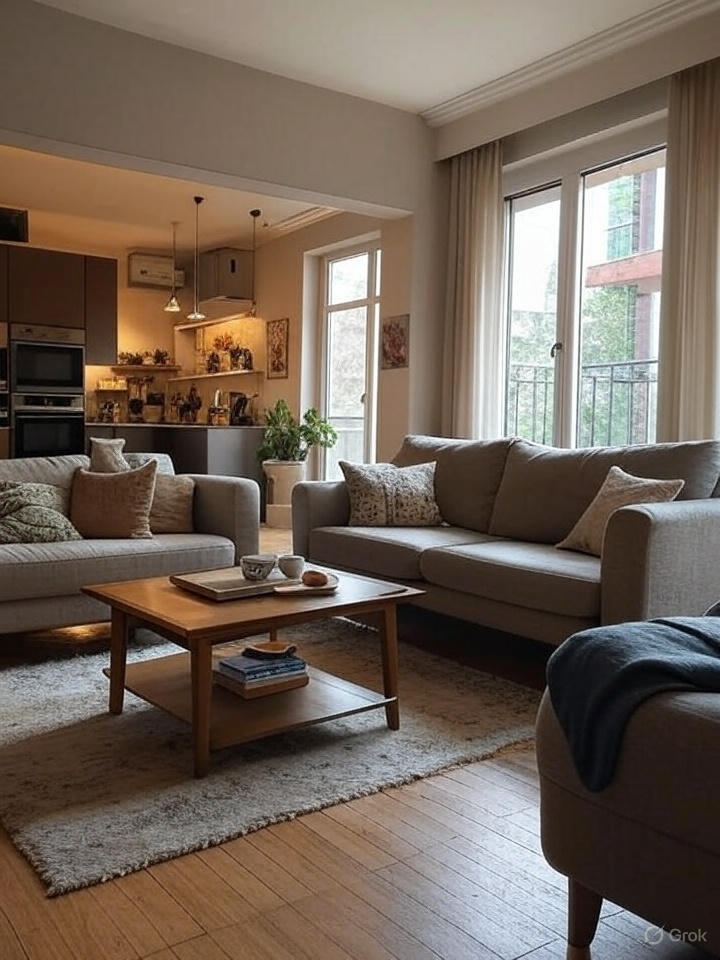 obraz przedstawia salon z kuchnią w mieszkaniu airbnb