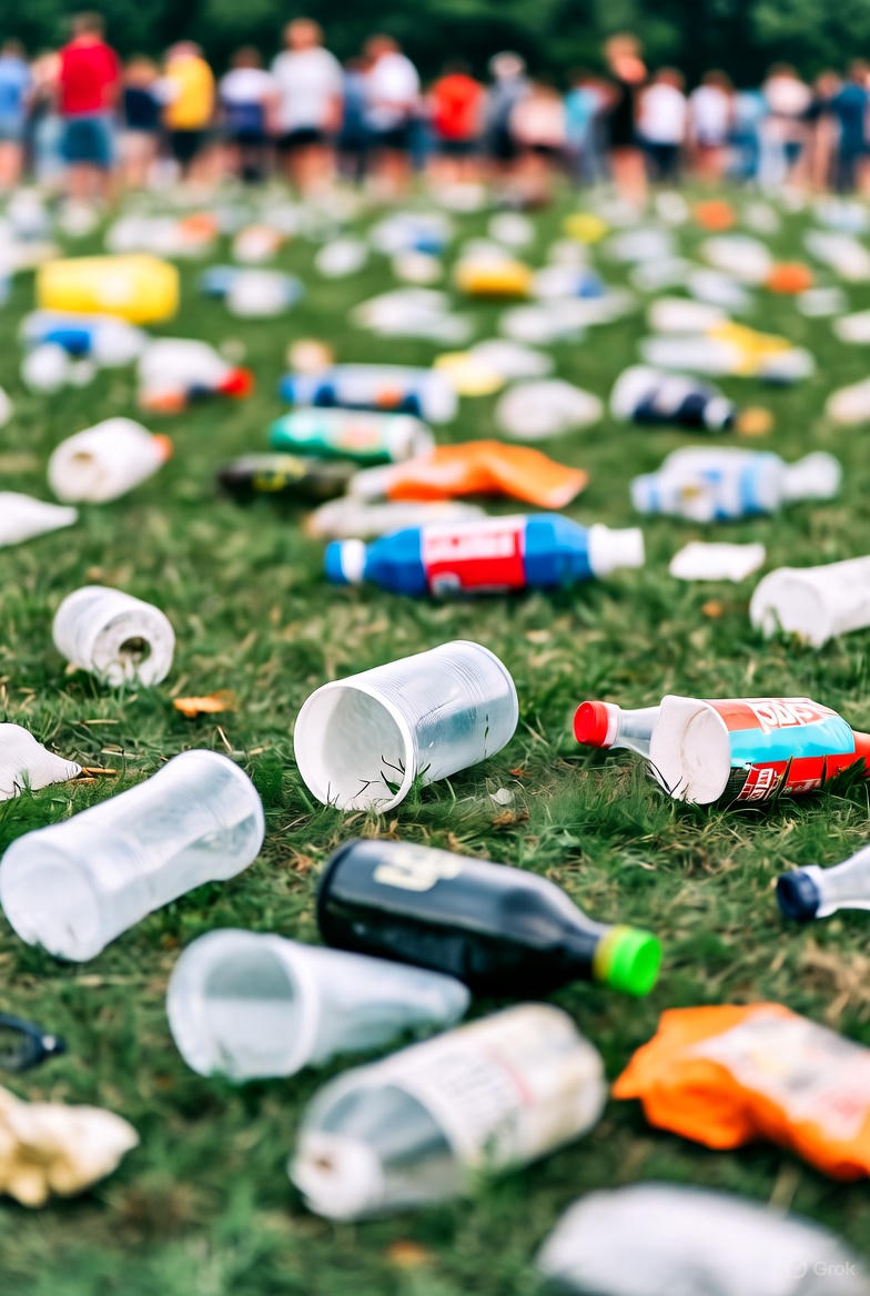 porozrzucane butelki i śmieci po imprezie masowej w plenerze