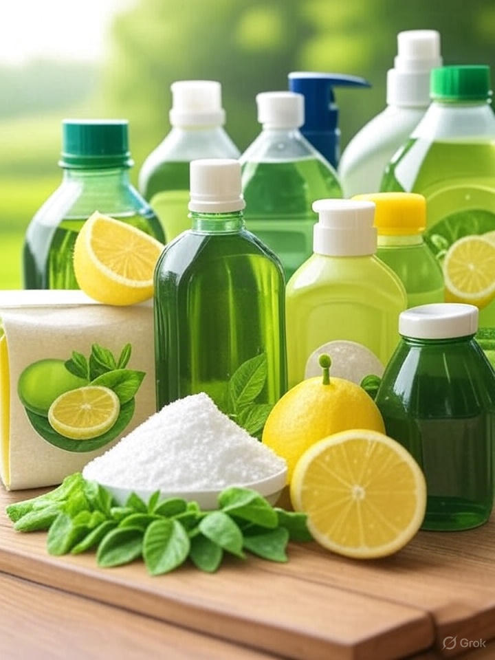 Ekologiczne środki do sprzątania z naturalnych składników, takich jak ocet, soda i cytryna.